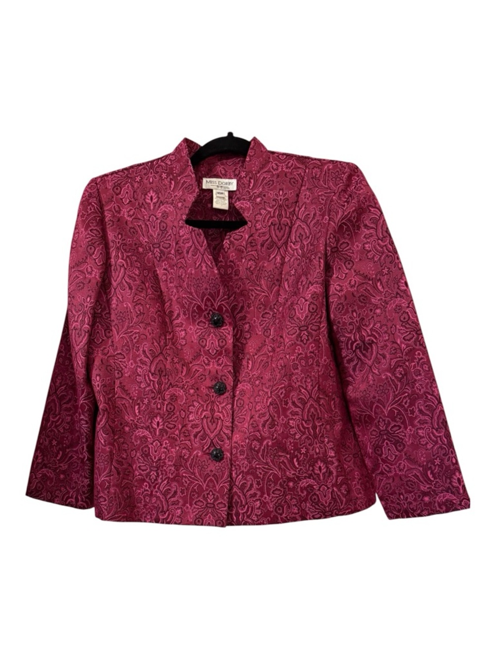 Miss Dorby Petite Burgundy Jacquard Floral Blazer 10P Vintage Brocade Jacket
